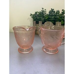 Pink Depression‎ Glass Creamer and Sugar Set Floral Embossed Footed Vintage